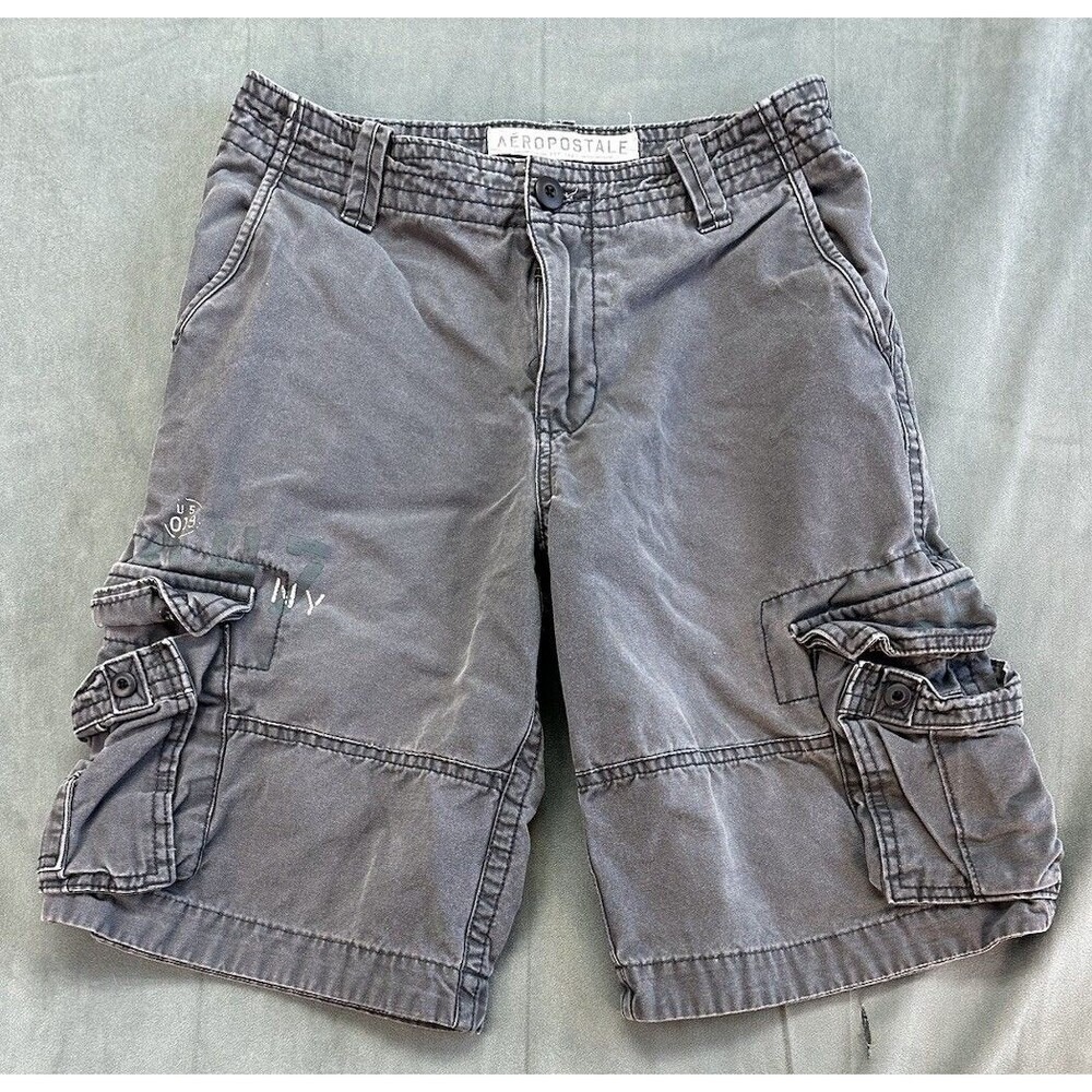 Aeropostale Cargo Shorts Mens 28 x 11 Gray Flat Front Denim Pockets Loose